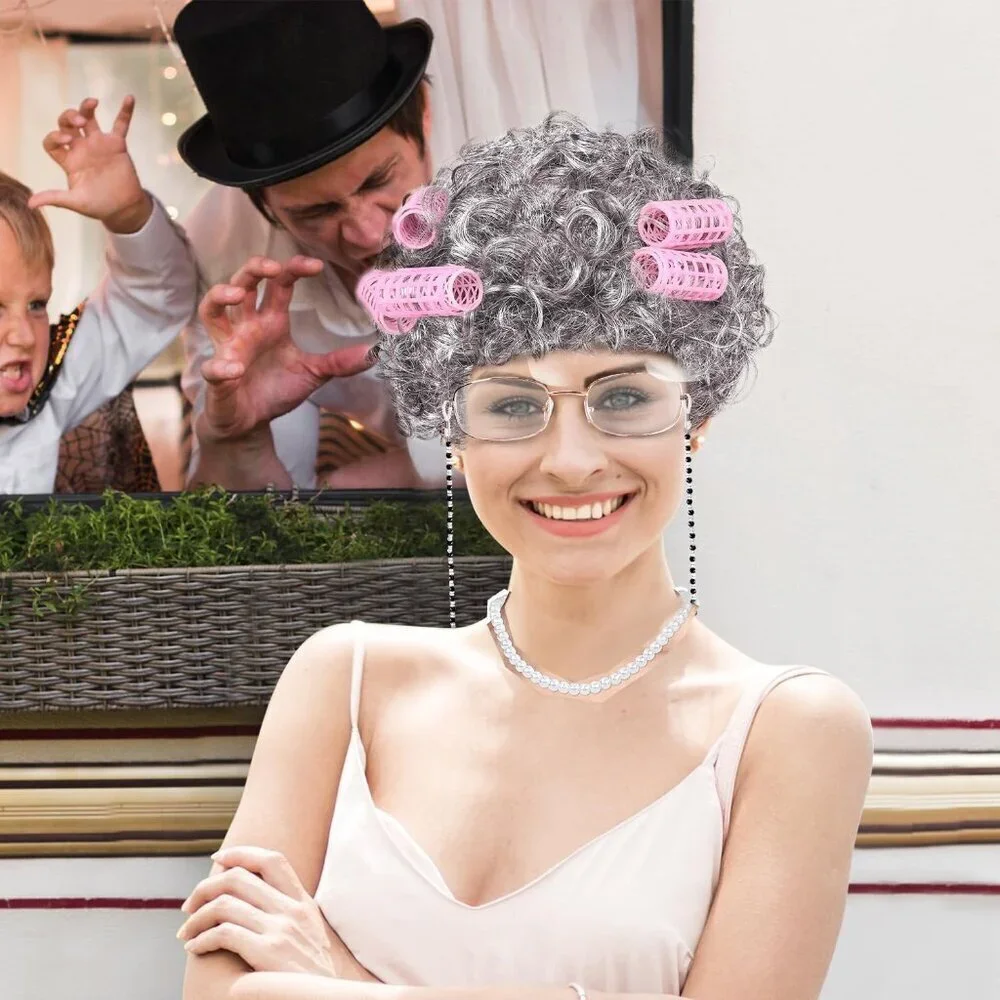 Old Lady Costume Set Gray Wig Glasses Pearl Necklace Cosplay Halloween